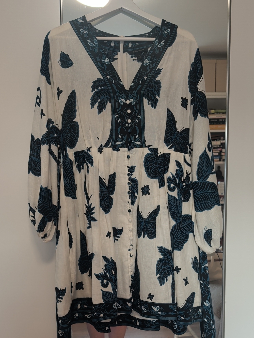 Banana Republic White Dress with Navy Botanical & Butterfly Print